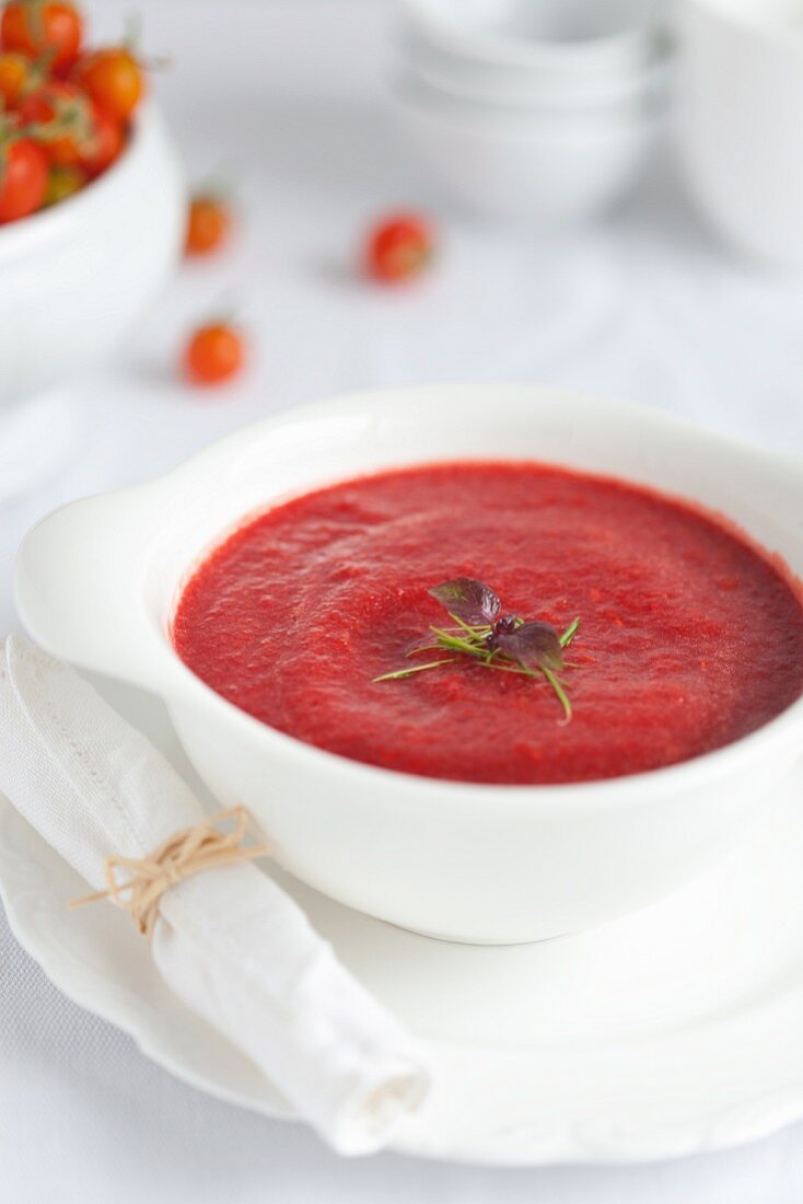 Tomato and beetroot soup with bean sprouts