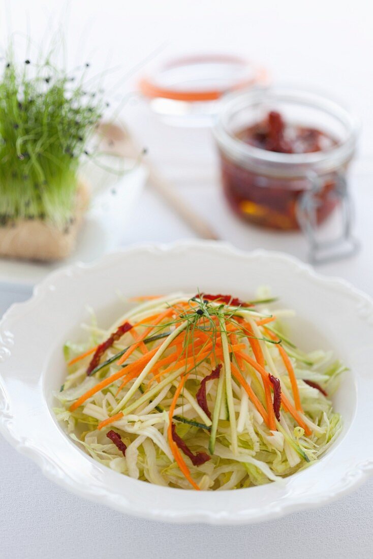 Raw vegetable salad with dried tomatoes and bean sprouts