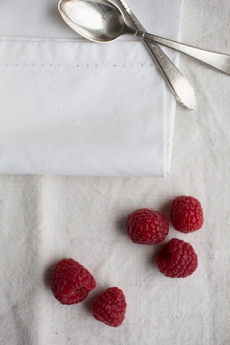 Fresh raspberries, a spoon and a napkin on a linen cloth