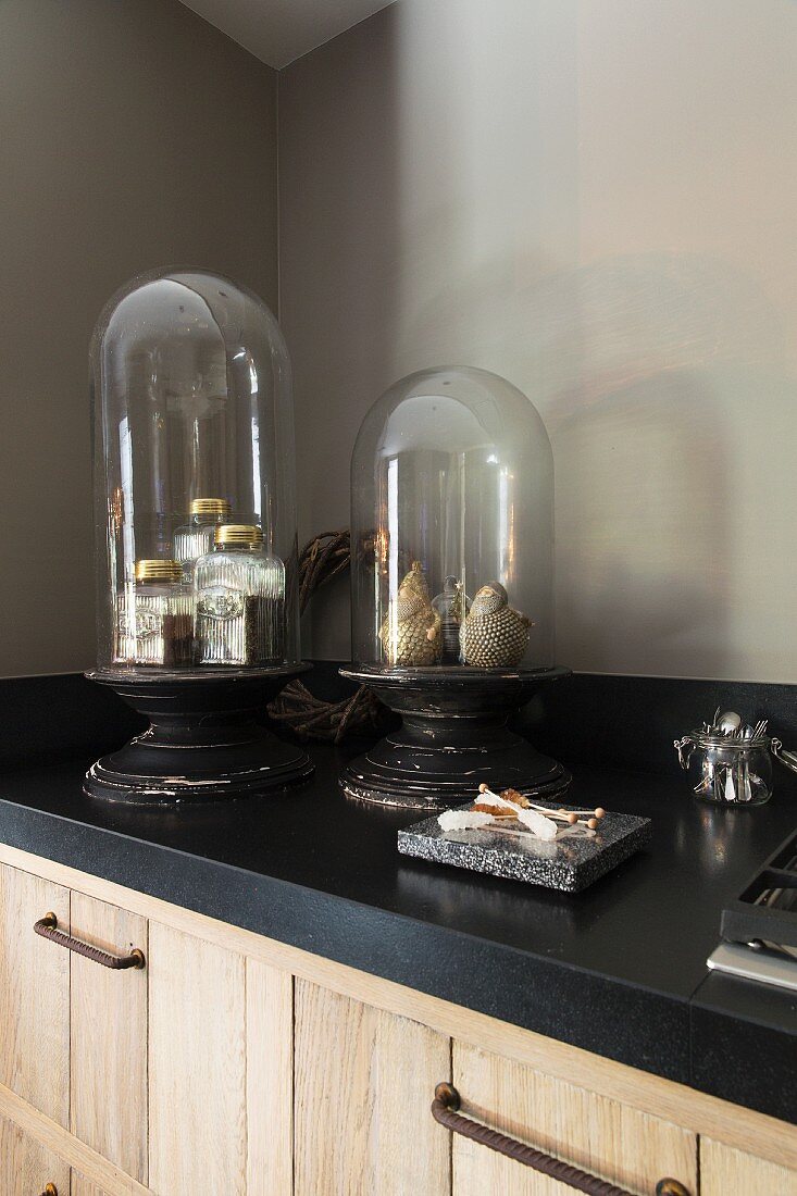 Sammlerstücke unter Glashaube, auf Küchenzeile mit schwarzer Arbeitsplatte