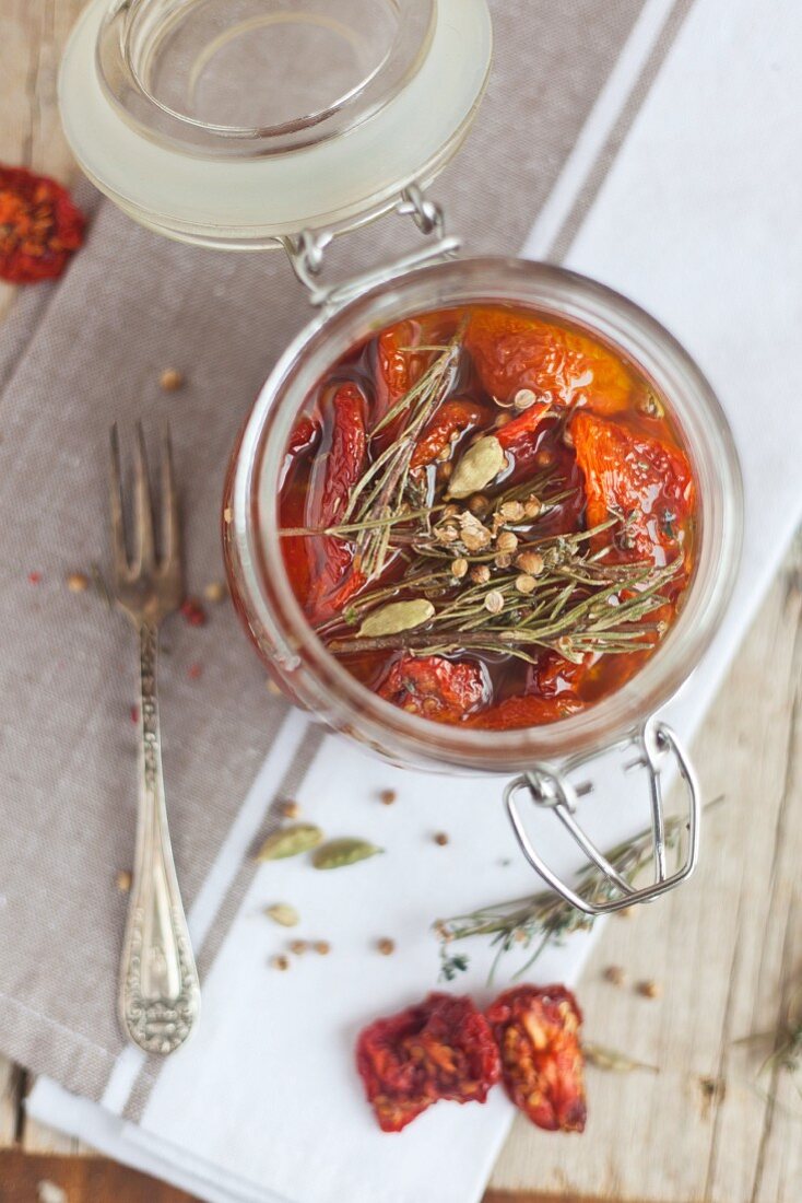 A marinade made with dried tomatoes, olive oil and rosemary