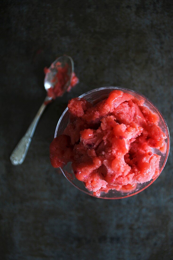 Strawberry sorbet in a small bowl