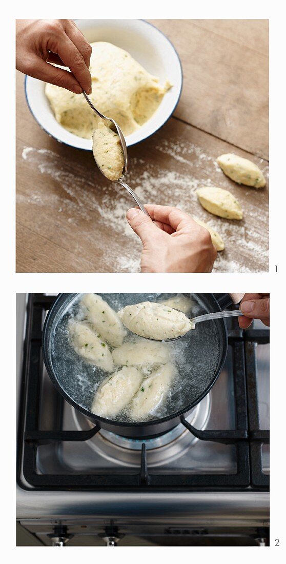 Basil and potato gnocchi being cut out and cooked