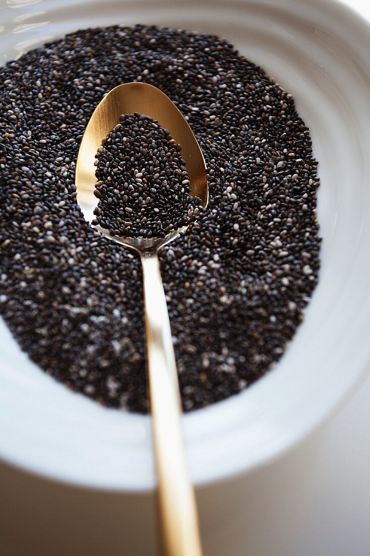 Chia seeds in a bowl with a spoon