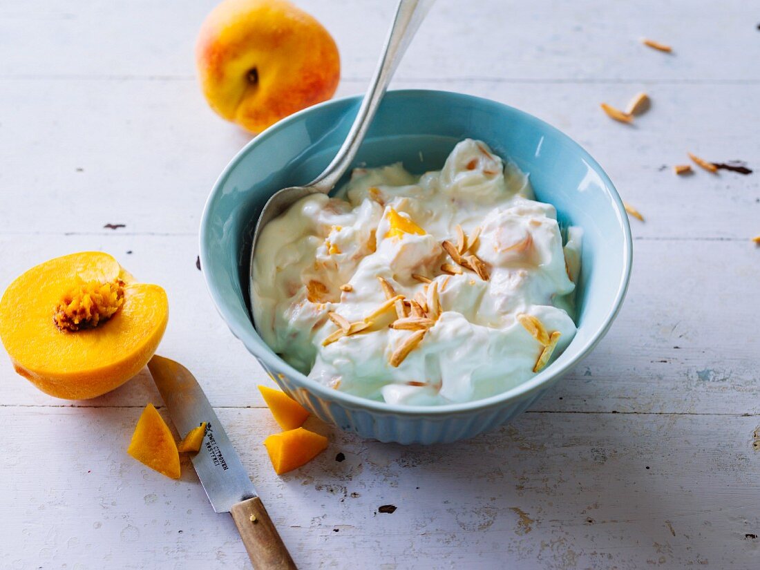 Peach quark with roasted flaked almonds