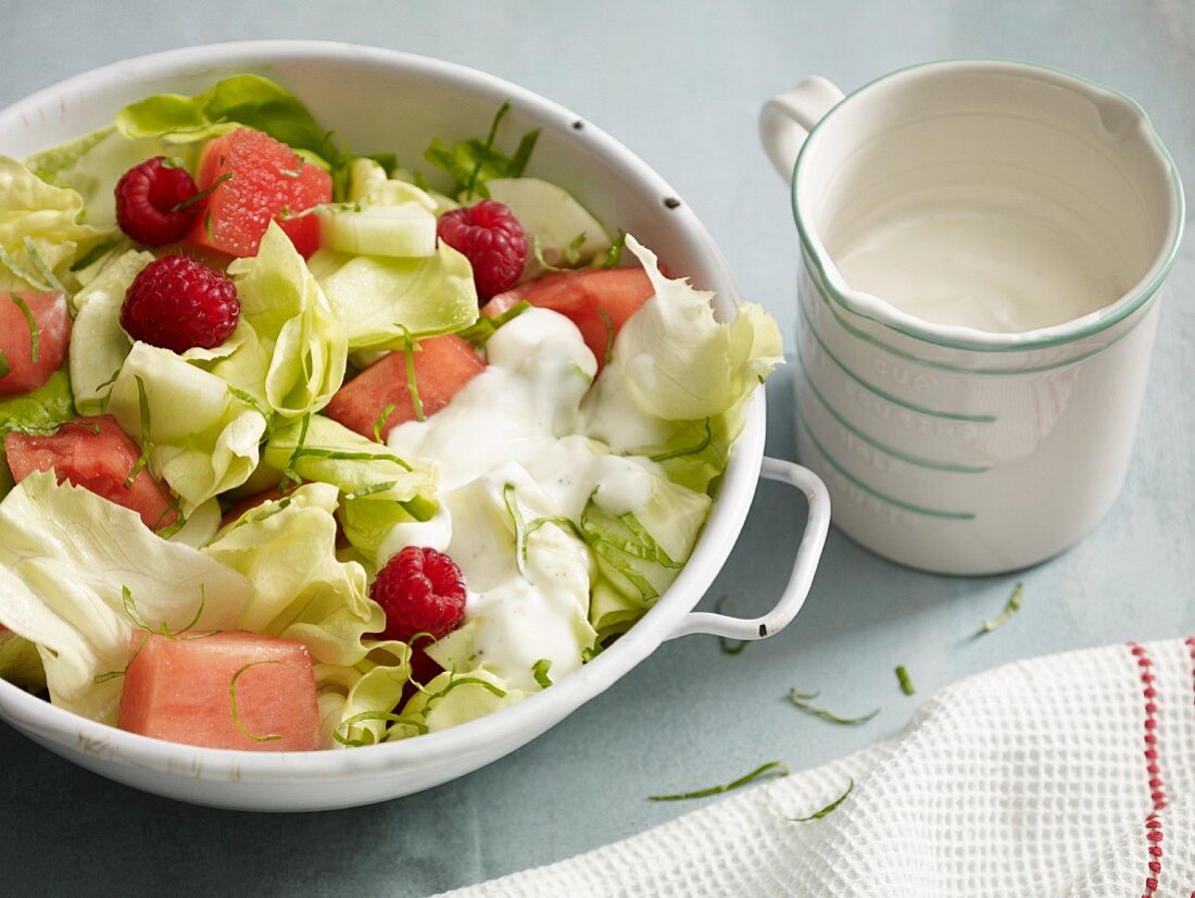 Lettuce with watermelon, raspberries and basil