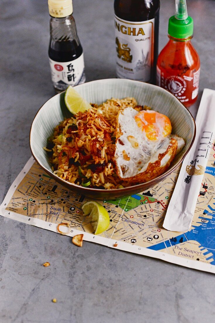 Fried rice with chicken, soy sauce and fried egg (USA)