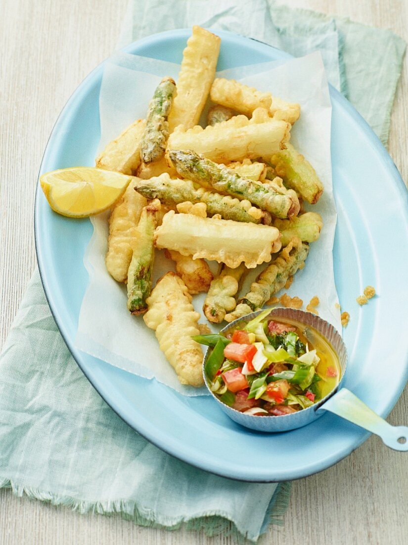Asparagus tempura with a mint dip