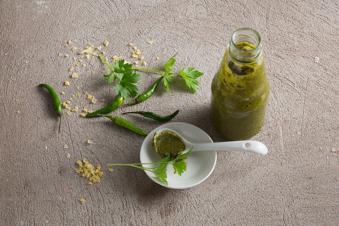 Green harissa sauce with fresh chilli peppers, coriander, parsley and lime juice