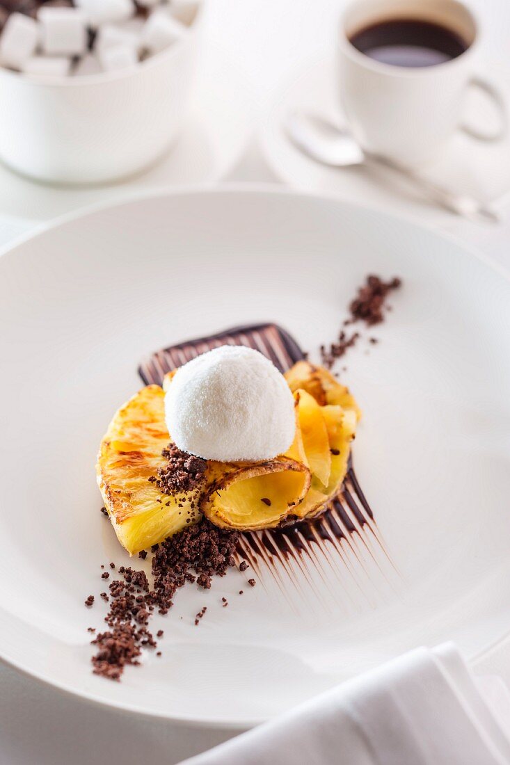 Coconut ice cream on fried pineapple