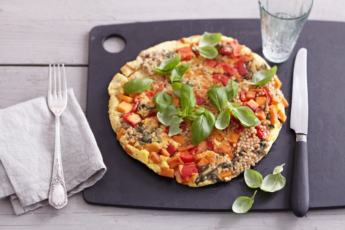 Buckwheat omelette with sweet potatoes and red peppers