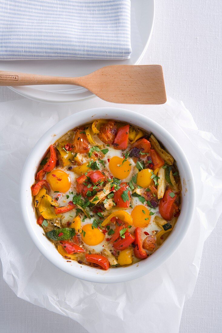 Oven-baked ratatouille with eggs