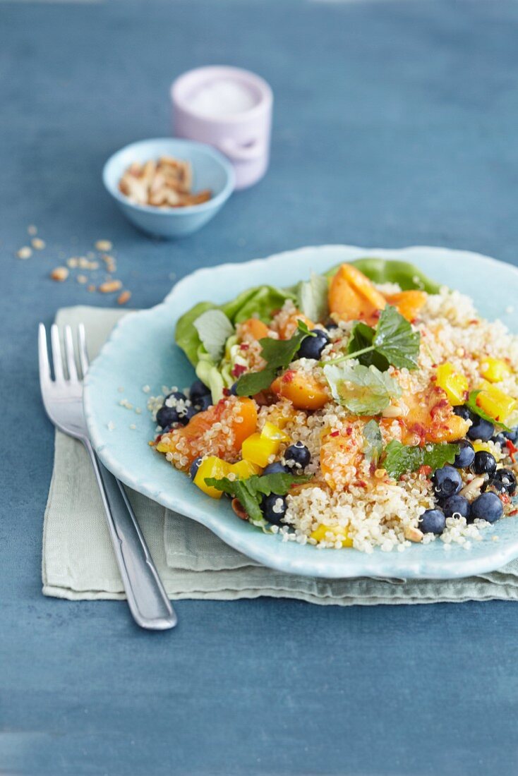 Fruchtiger Quinoasalat mit Heidelbeeren, Aprikosen und gelber Paprika