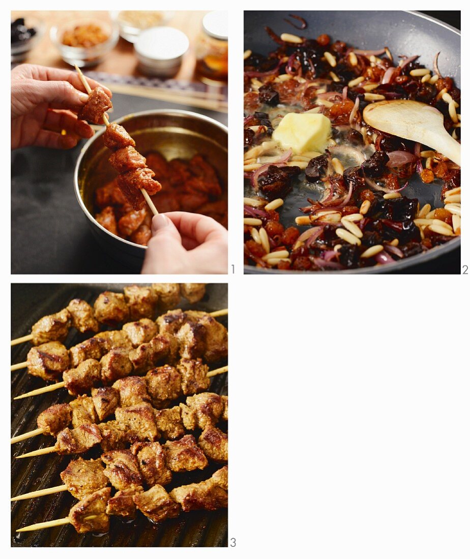 Lamb skewers with dried fruit and pine nuts being made (Arabia)