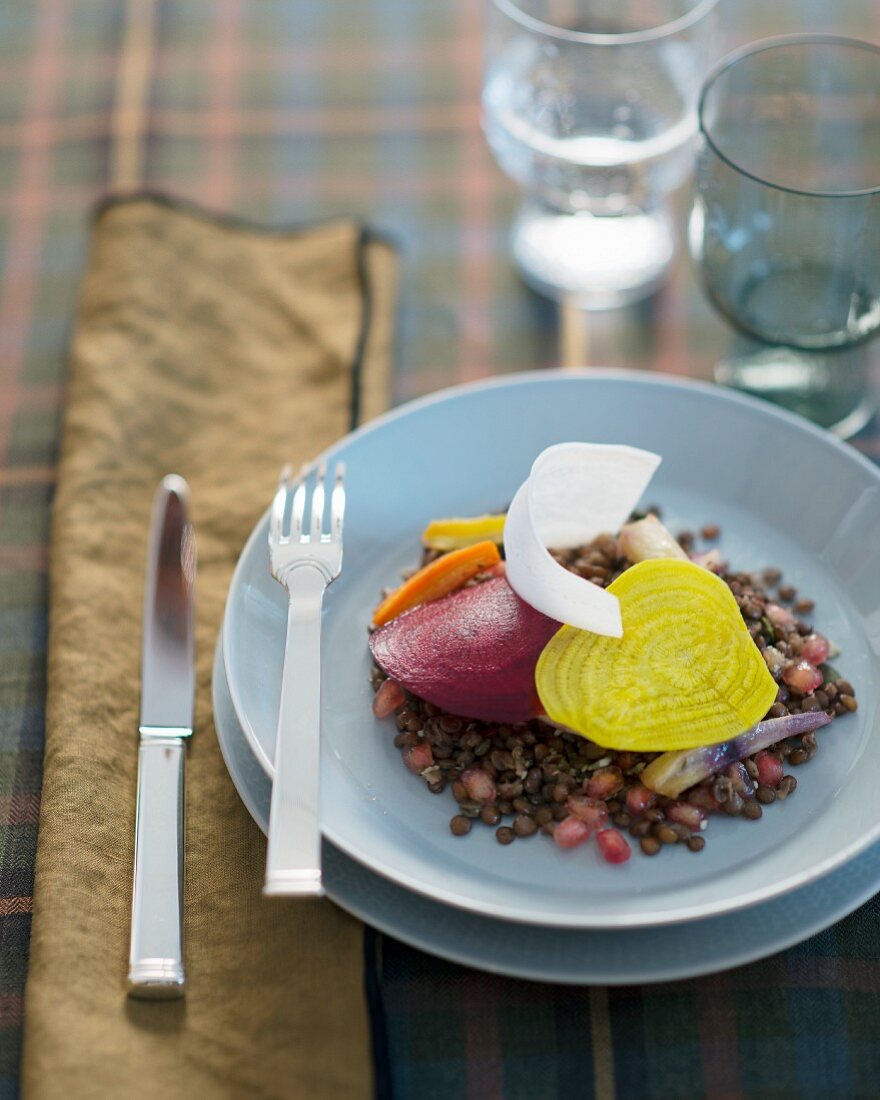 Lentil salad with beetroot and pomegranate seeds