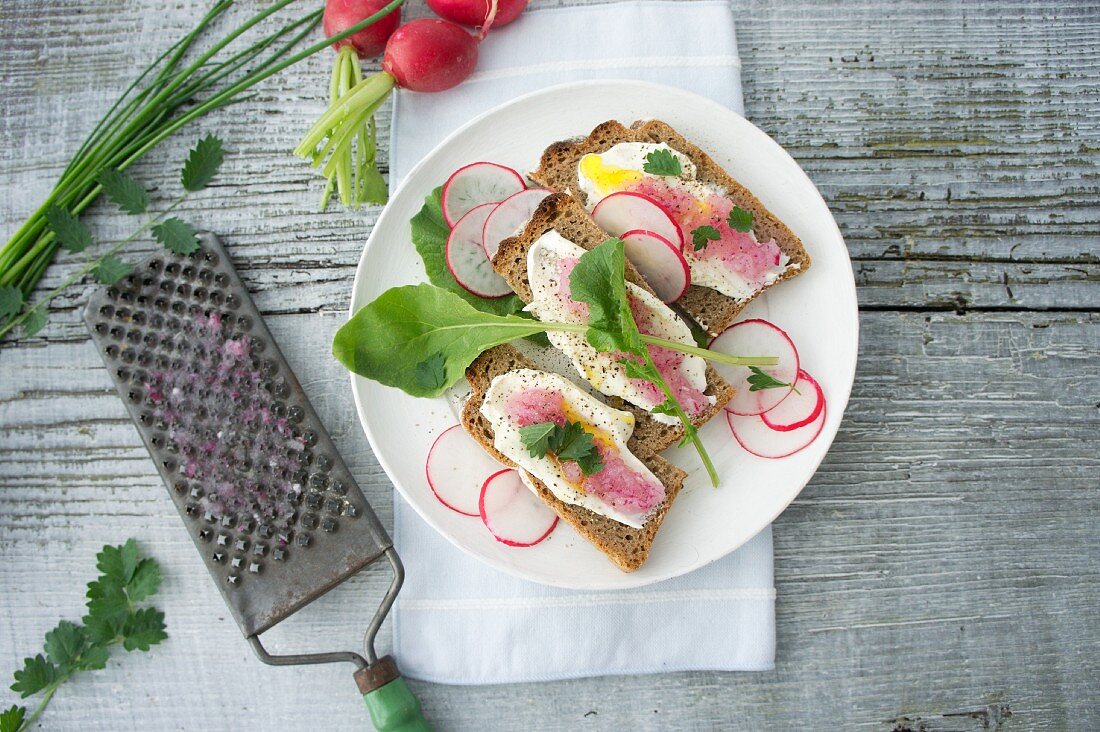 Slices of bread topped with radishes and crème fraîche