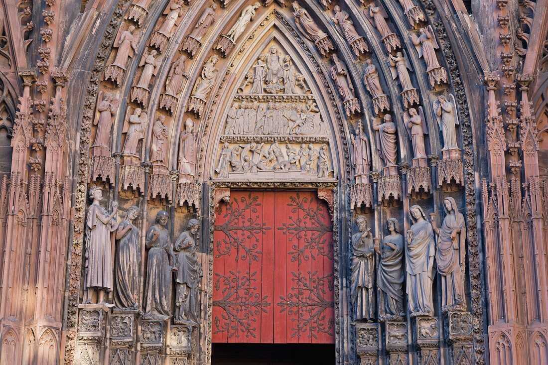 The Wise and the Foolish Virgins with the Last Judgement depicted in the lunette, south portal of the western façade, Strasbourg Cathedral