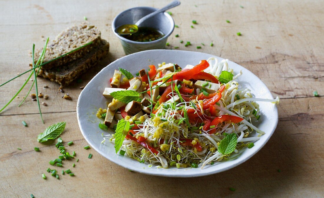 Bean sprout salad with peppers and smoked tofu