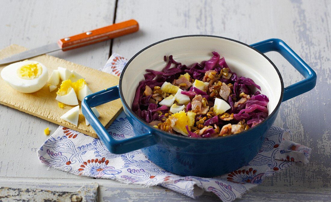 Red cabbage and ham stew with sunflower seeds