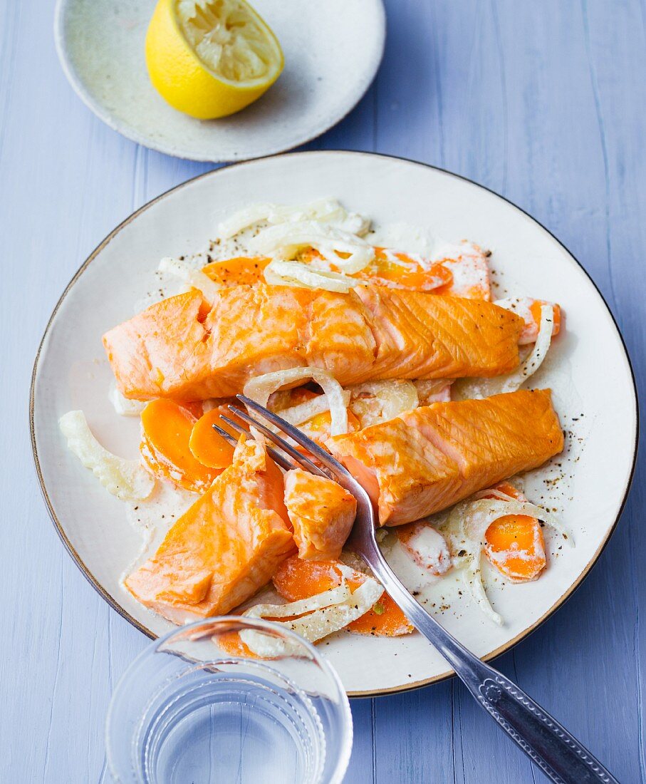 Fried salmon fillet with a fennel and carrot medley