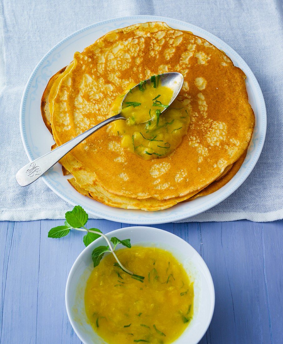 Spelt crepes with mint and orange compote