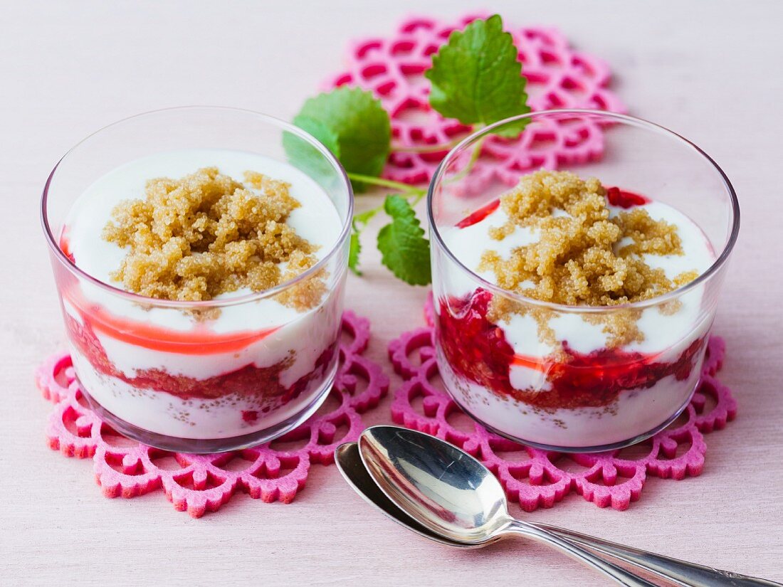 Layered amaranth and coconut yoghurt with puréed raspberries