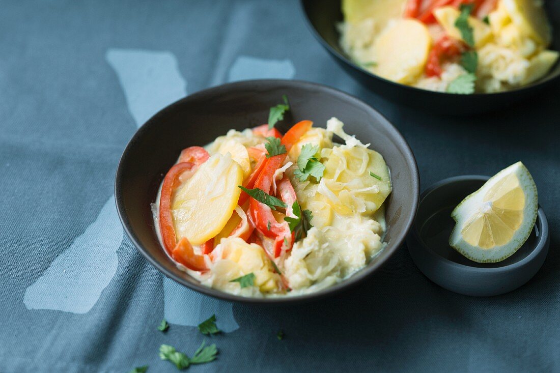 Vegan sauerkraut curry with potatoes and pineapple