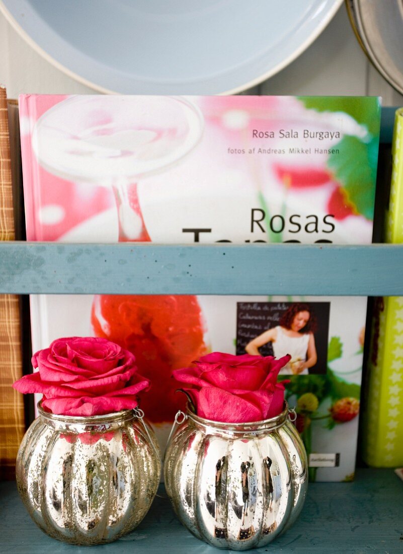 Red roses in retro silver vases and book on shelf