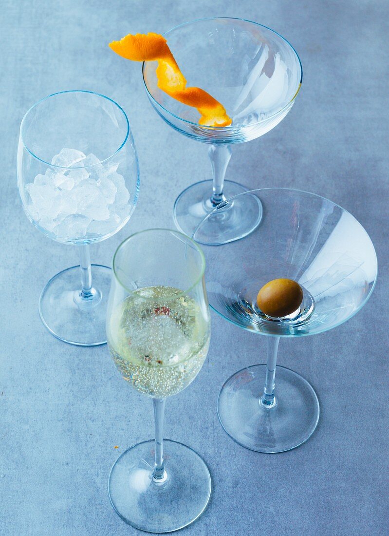 Various types of glasses for cocktails, champagne and wine