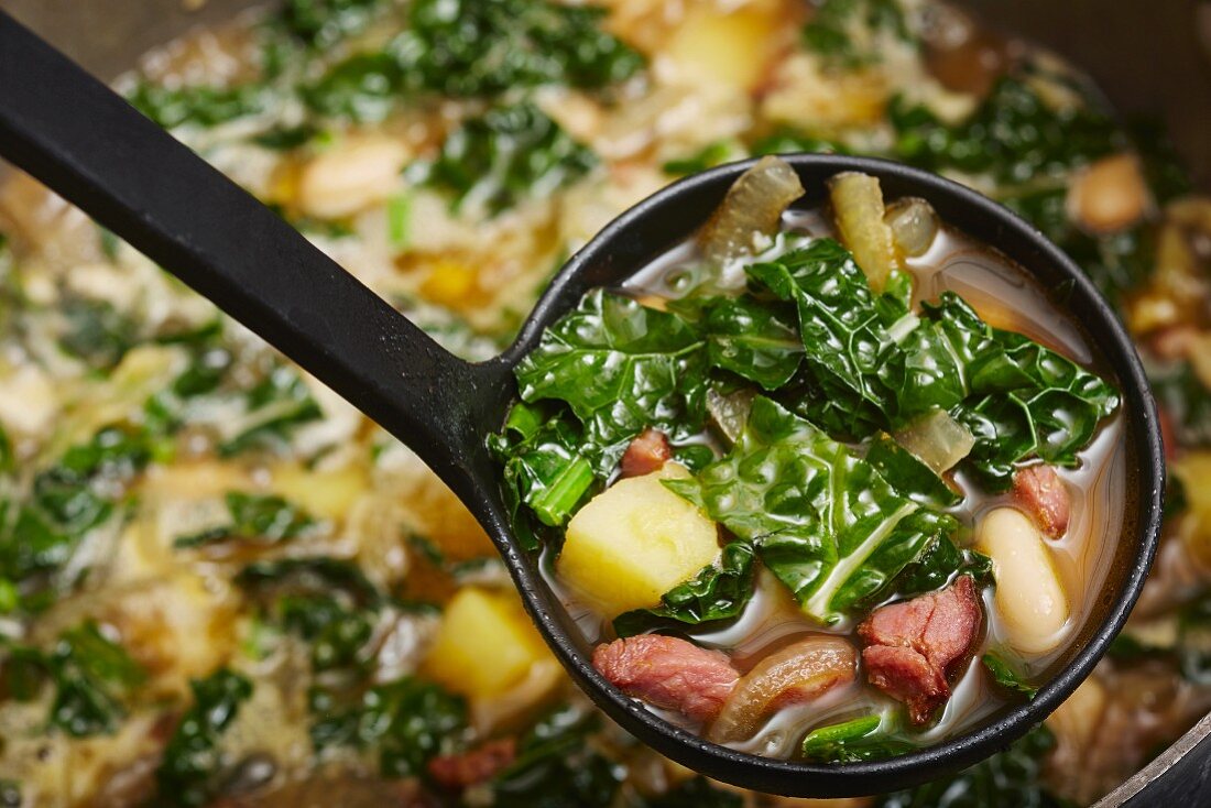 Green kale soup with potatoes, beans and chorizo (Portugal)