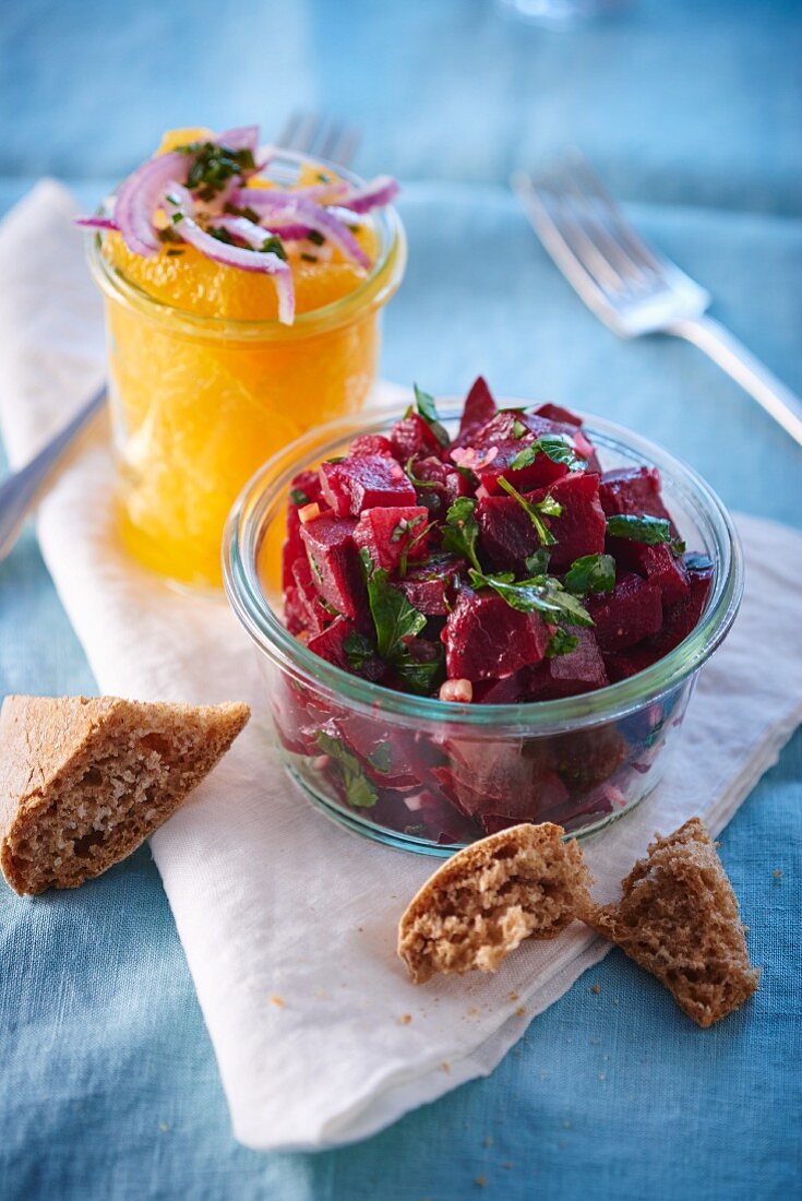A beetroot salad and a spicy orange salad with red onions
