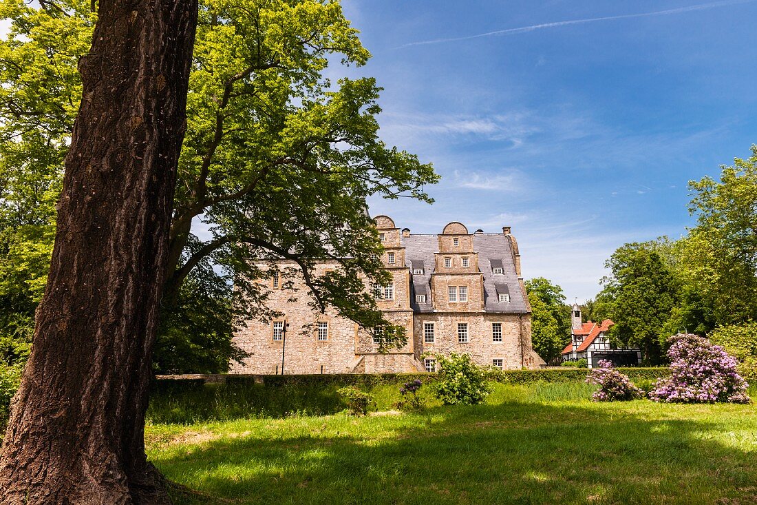 Blick auf die Schelenburg vom Garten aus, Schledehausen