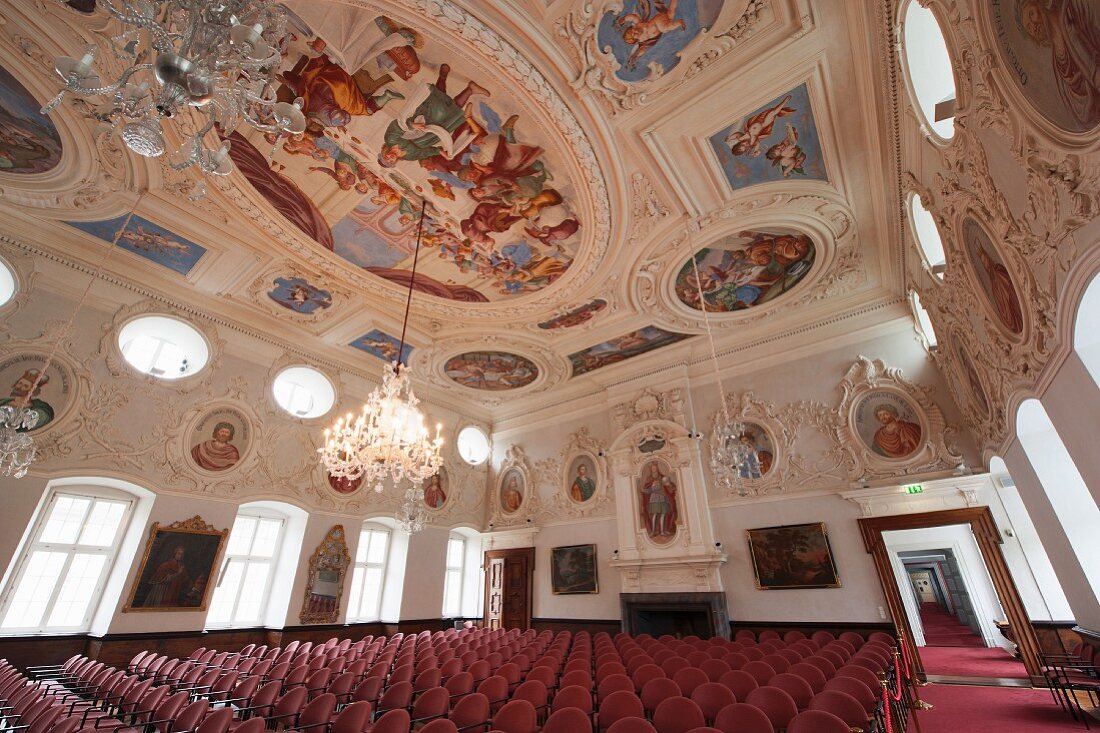 The Kaisersaal with its elaborately decorated 17th century ceiling in Schloss Corvey, Höxter, East Westphalian