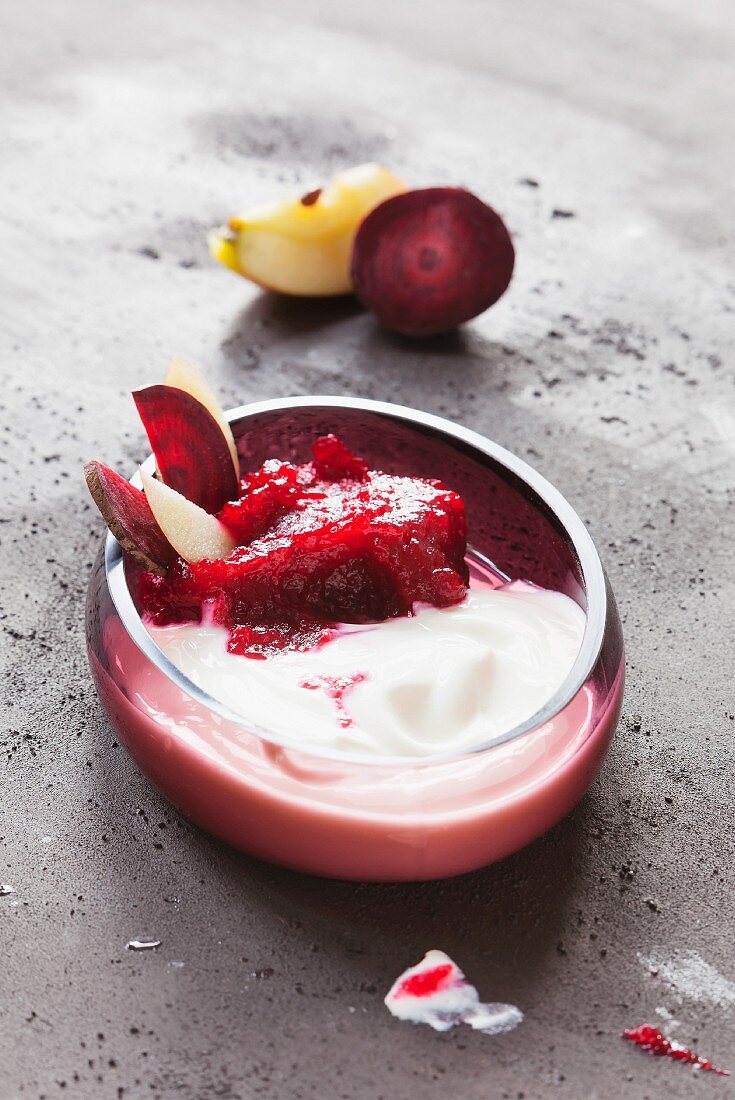 A bowl of beetroot and apple yoghurt