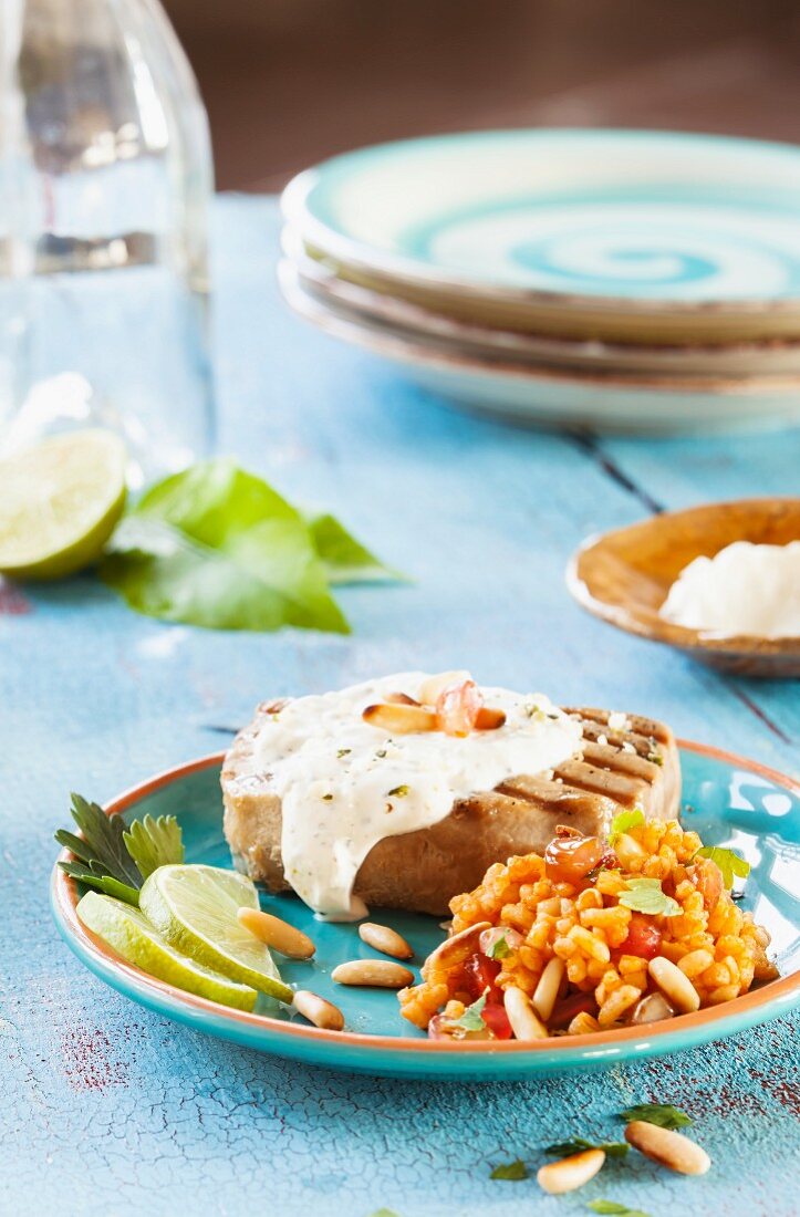 Tuna fish steak with pine nuts