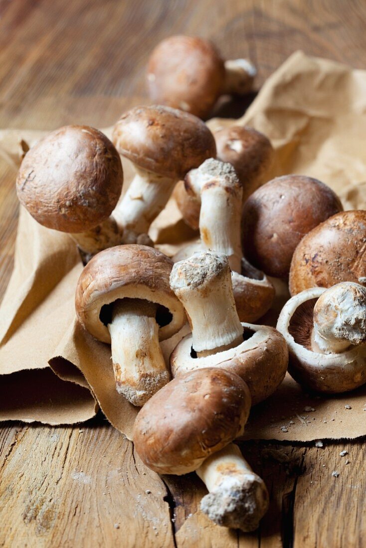 Fresh brown mushrooms on a piece of paper