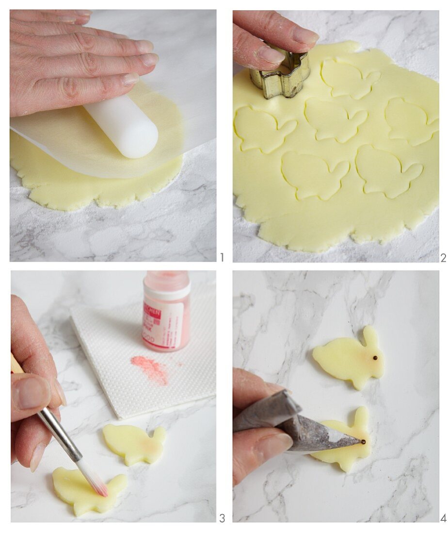 Easter bunnies being made from fondant icing