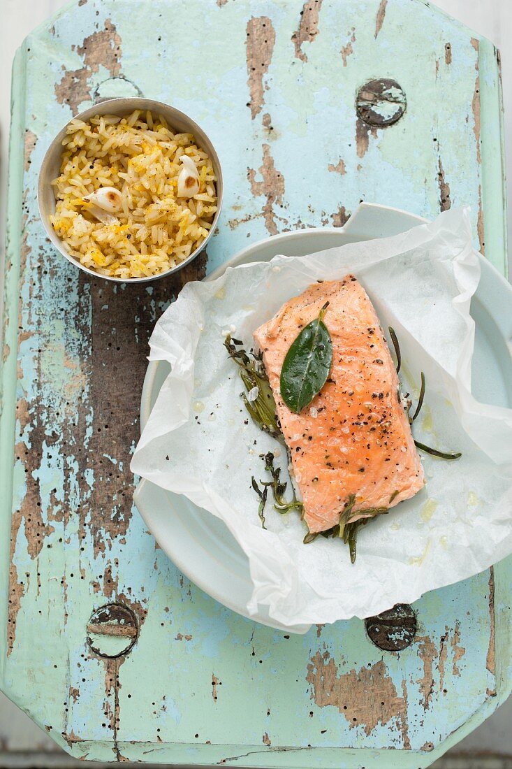 Salmon fillet with rosemary, bay leaves and a side of rice