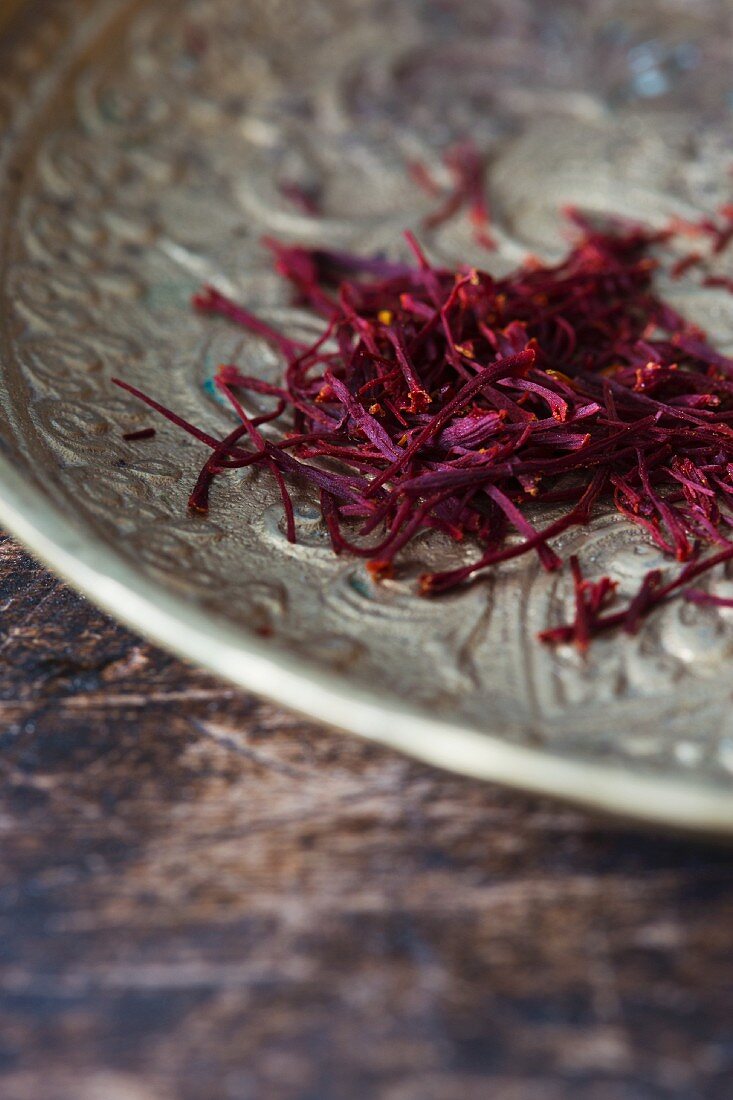 Saffron threads on a vintage plate