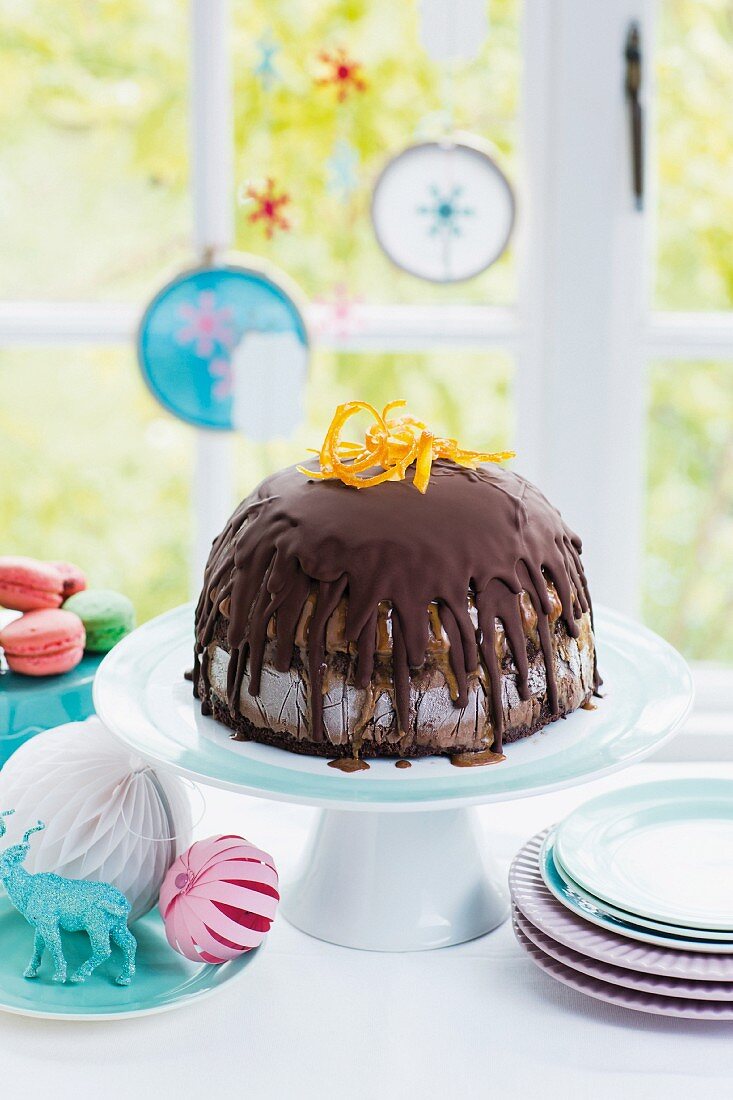 A chocolate brownie ice cream bomb as dessert for Christmas dinner