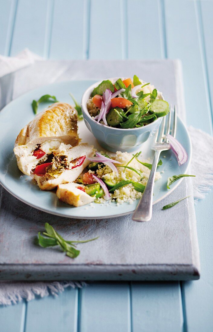 Chicken breast filled with rocket, peppers and Parmesan