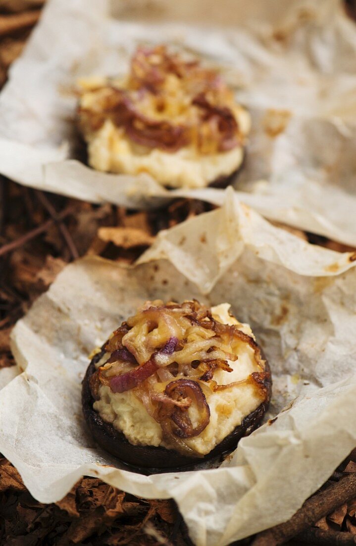 Stuffed mushrooms with mashed potatoes, cheese and onions