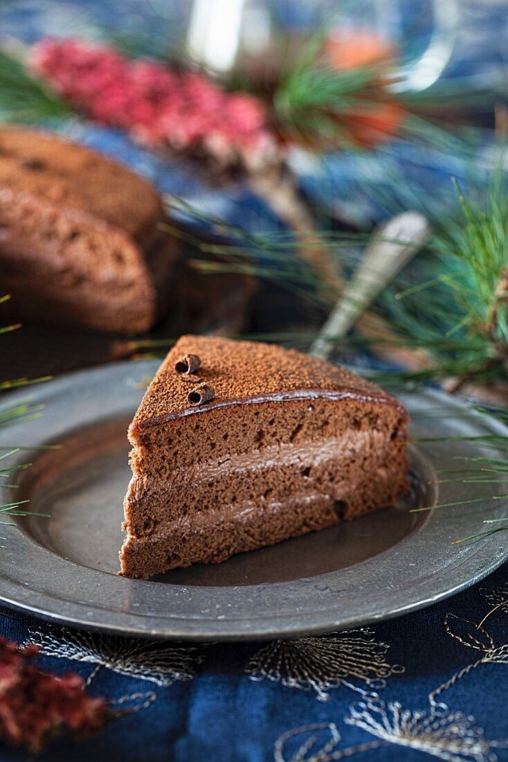 A slice of chocolate cake with chocolate cream