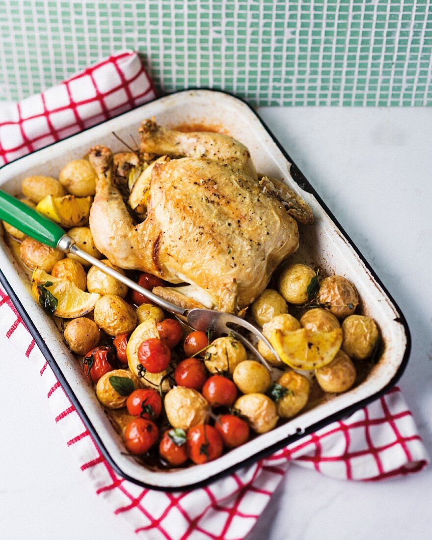 Oven-roasted chicken on a bed of roast vegetables in a baking dish