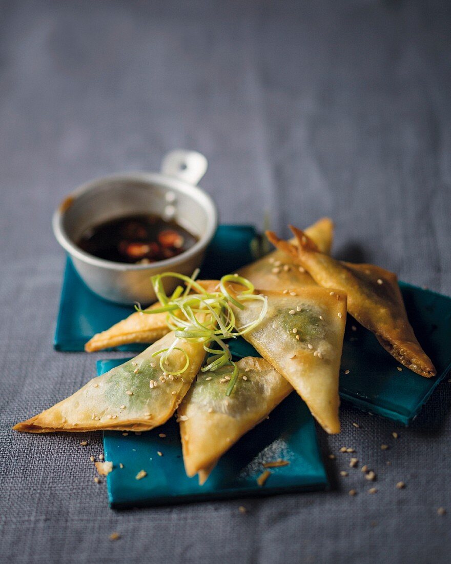 Crispy wontons filled with mushrooms served with soy sauce