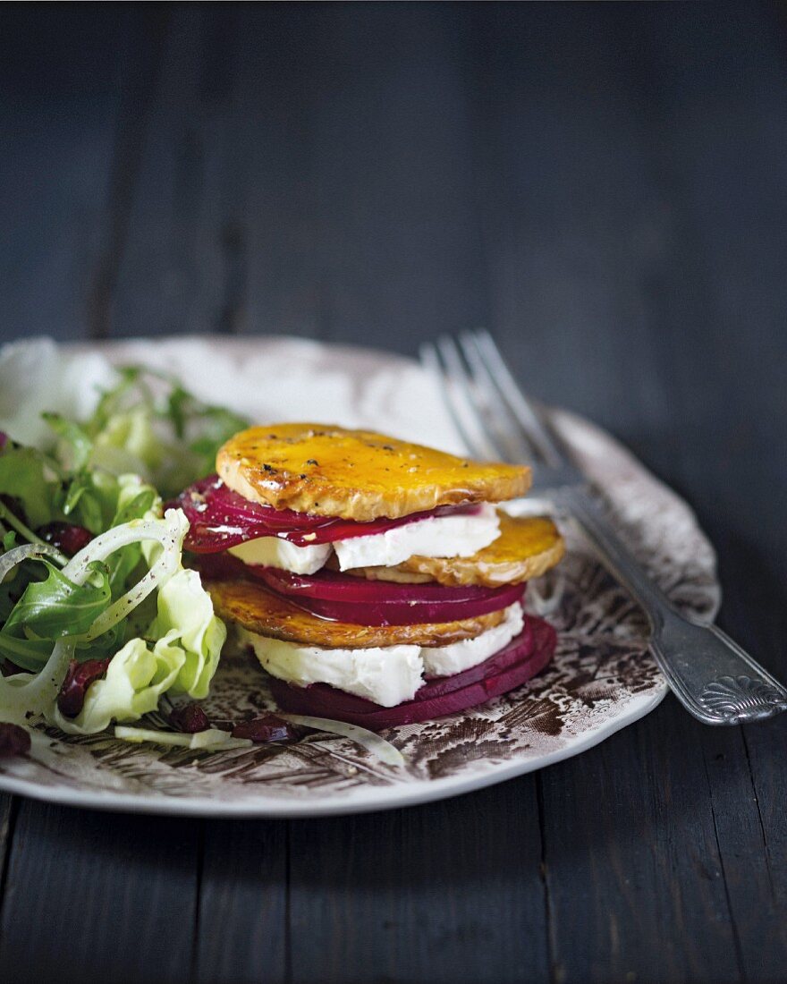 A butternut squash, beetroot and goat's cheese tower