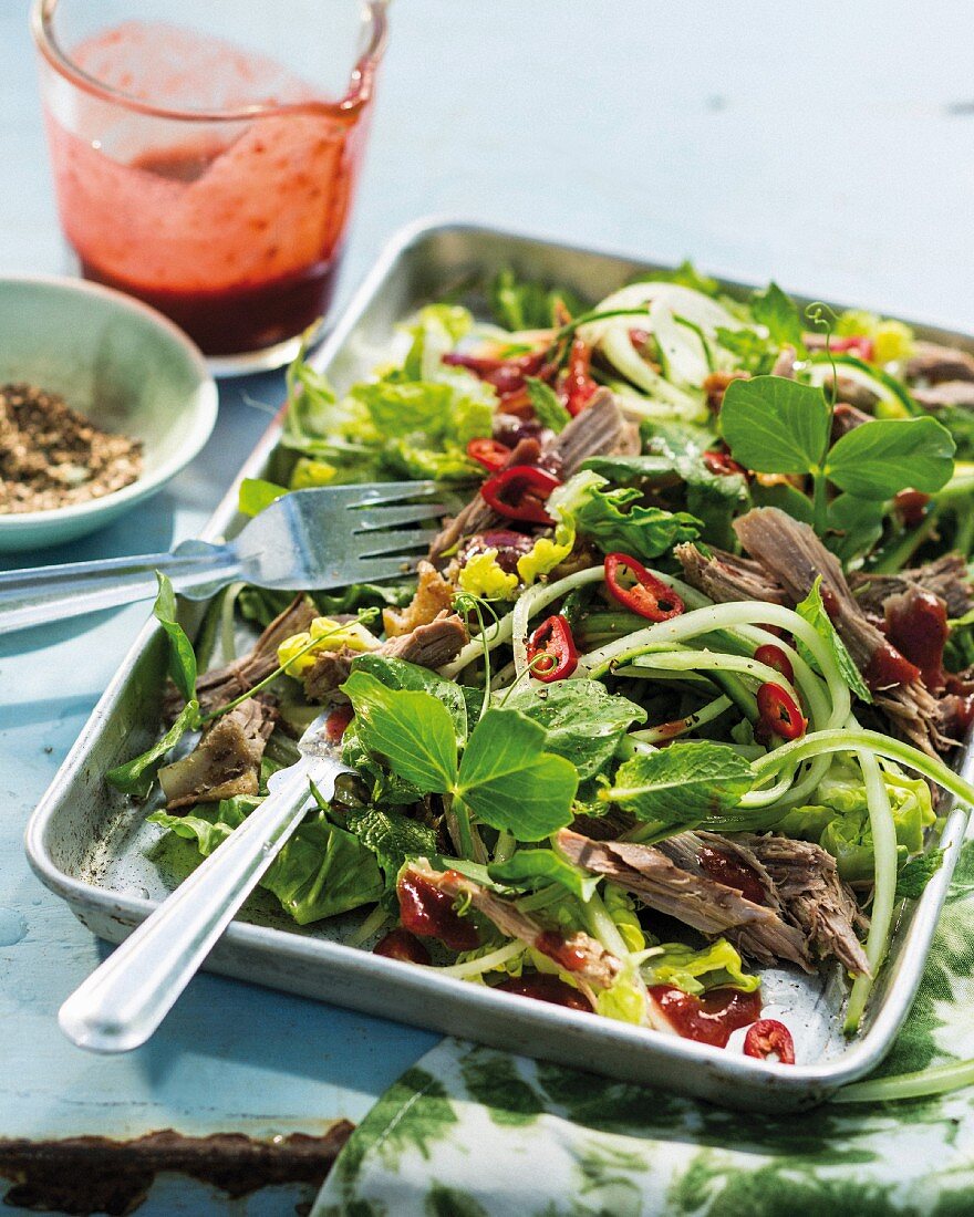 Fried duck salad with cucumber strips (China)