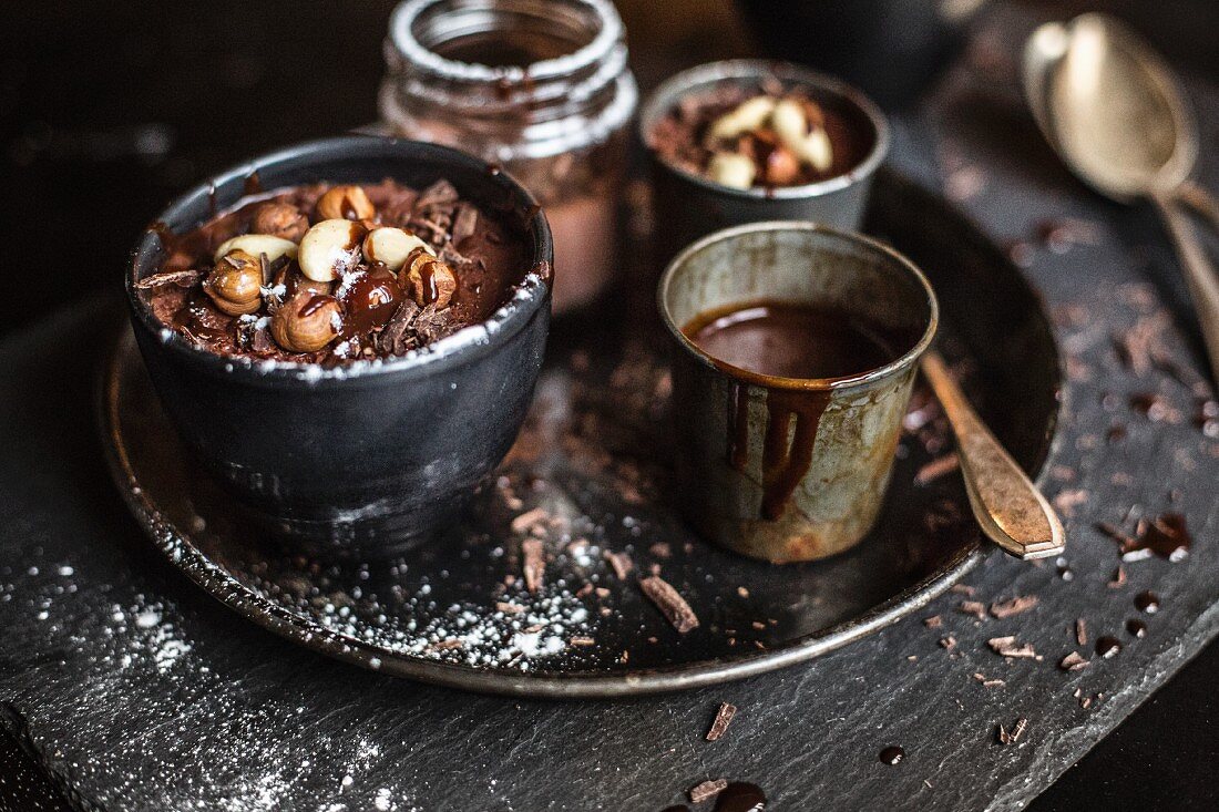 Chocolate cream with nuts and icing sugar
