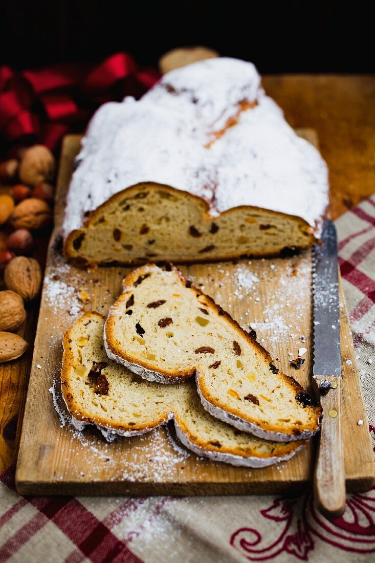 Sliced stollen on a wooden board