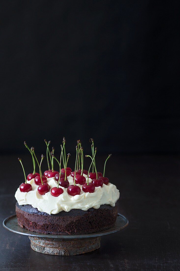 Chocolate cake with cream cheese frosting and fresh cherries on a rustic cake stand